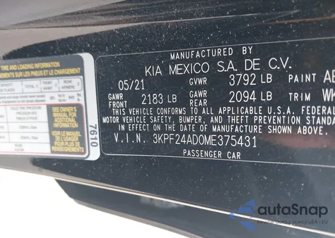 2021 Kia Forte Lxs из США, поврежденный, VIN 3KPF24AD0ME375431